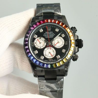 ROLEX Daytona Blaken 904L Steel 4130 Movement Rainbow Bezel Black Watch